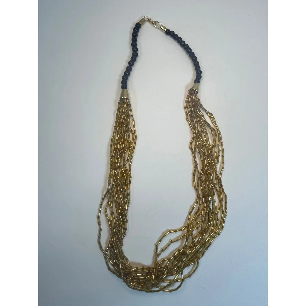 Vintage Gold Bugle Bead Multi Strand Necklace Black Accent Hook Clasp 24 Inch